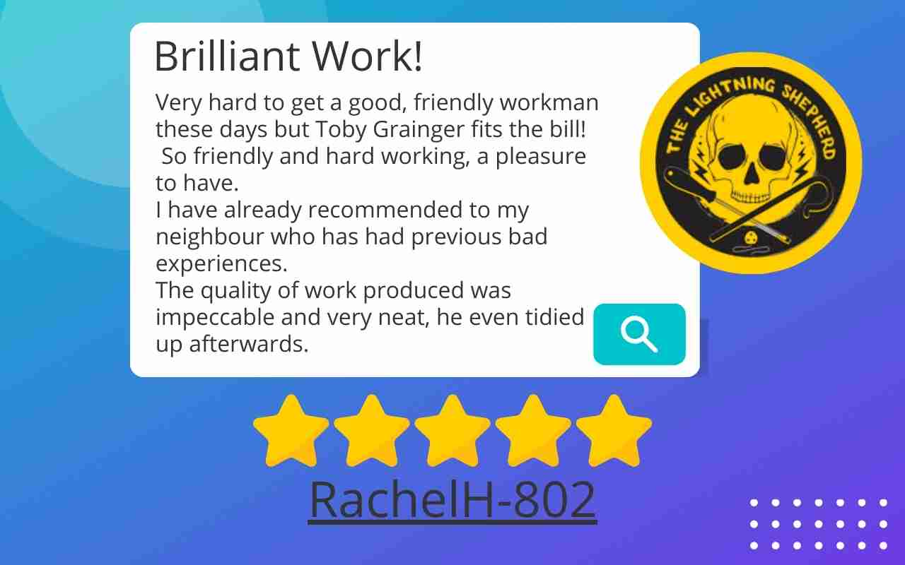 Five-star customer review testimonial for Toby Grainger electrical work quality