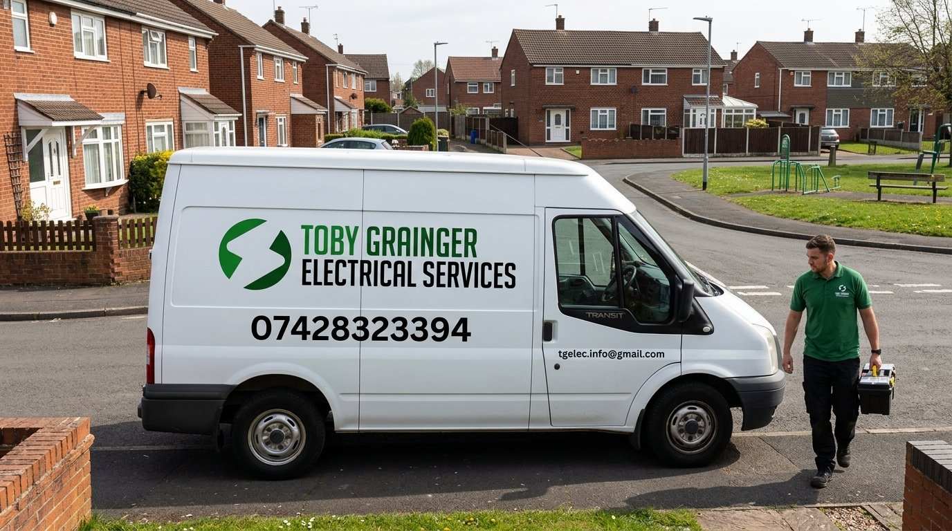 Electrician in green polo standing beside white service van with Toby Grainger branding on residential street