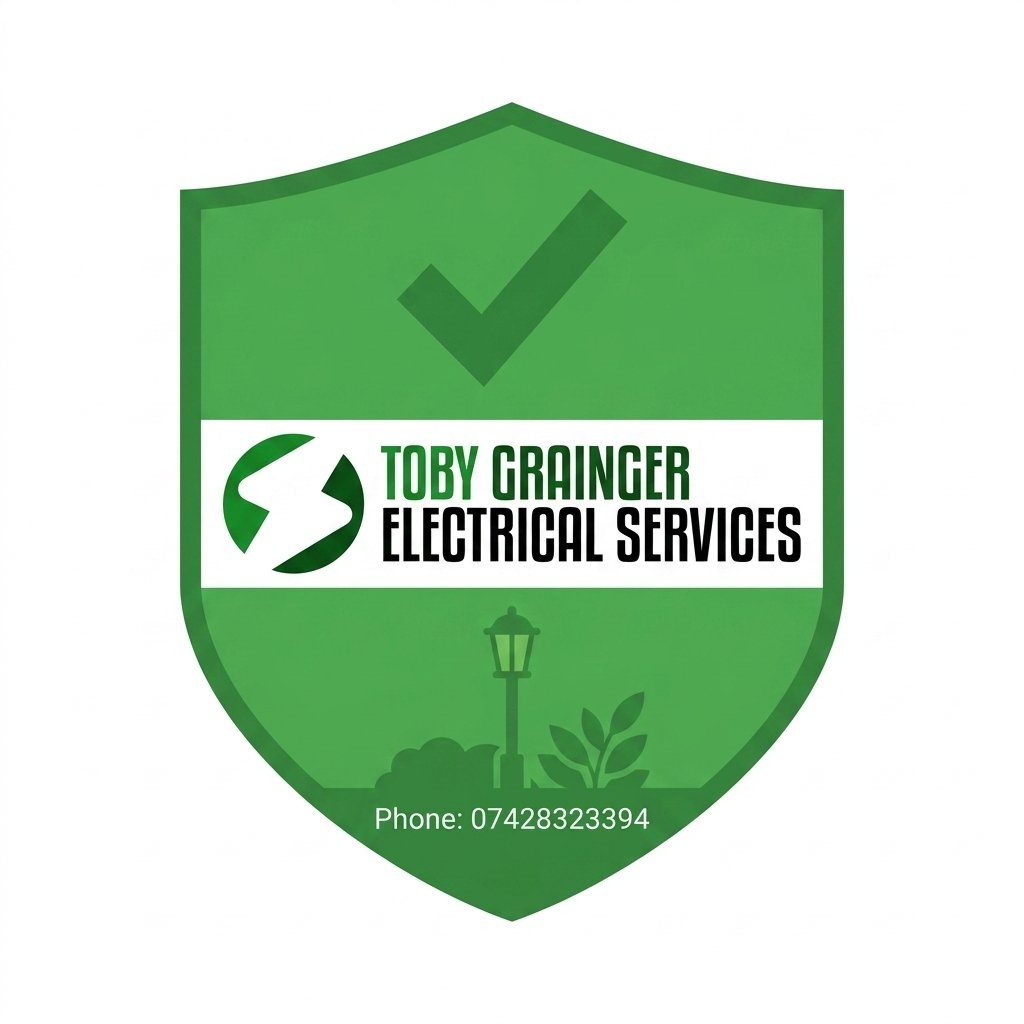 Toby Grainger Electrical Services shield badge with green checkmark and phone number